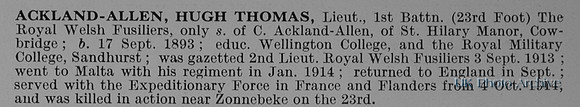 Ackland-Allen H T Lt 1st Royal Welsh Fusiliers Obit