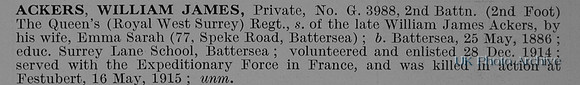 Ackers W J Pte G/3988 2nd Queens Royal West Surrey Regiment Obit