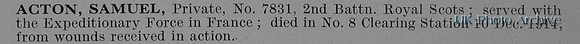 Acton S Pte 7831 2nd Royal Scots Obit