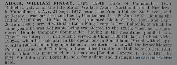 Adair W F Captain Indian Army Obit