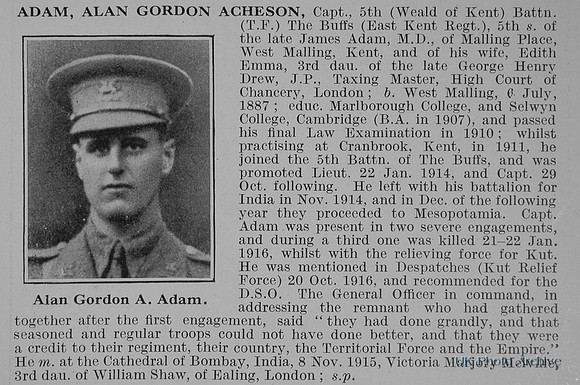 Adam A G A Captain 5th East Kent Regiment Obit