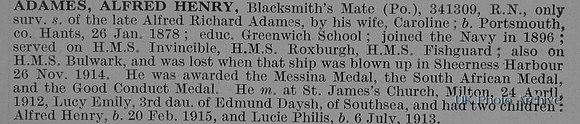 Adames A H Blacksmiths Mate 341309 HMS Bulwark Royal Navy Obit