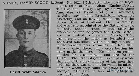 Adams D S L/Sergt 3022 7th London Regiment Obit