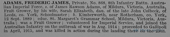 Adams F J Pte 868 8th Australian Imperial Force Obit