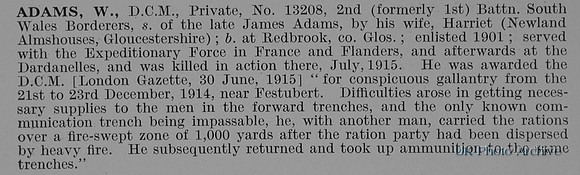 Adams W Pte DCM 13208 2nd South Wales Borderers Obit