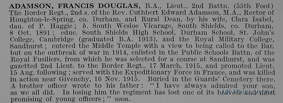 Adamson F D Lt 2nd Border Regiment Obit