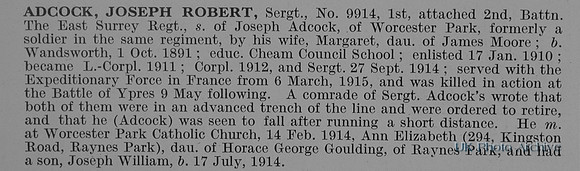 Adcock J R Sergt 9914 2nd East Surrey Regiment Obit