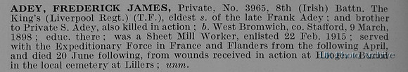 Adey F J Pte 3965 8th Kings Liverpool Regiment Obit