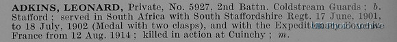 Adkins L Pte 5927 2nd Coldstream Guards Obit