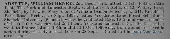 Adsetts W H 2nd Lt 1st York And Lancs Regiment Obit