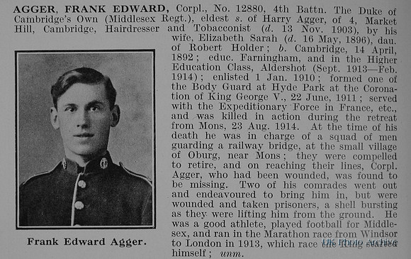 Agger F E Cpl 12880 4th Middlesex Regiment Obit