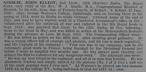 Ainslie J E 2nd Lt 12th Royal Scots Obit