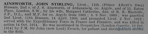 Ainsworth J S Lt 11th Hussars Obit