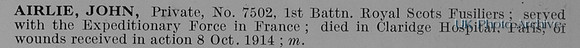 Airlie J Pte 7502 1st Royal Scots Fusiliers Obit