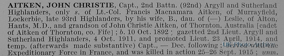 Aitken J C Captain 2nd Argyll And Sutherland Highlanders Obit