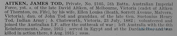 Aitken J T Pte 2105 5th Australian Imperial Force Obit
