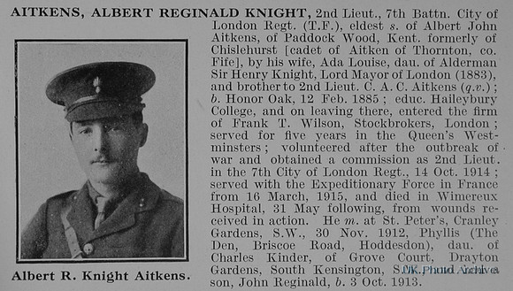 Aitkens A R K 2nd Lt 7th London Regiment Obit