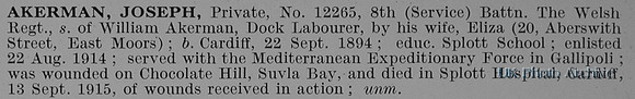 Akerman J Pte 12265 8th Welsh Regiment Obit