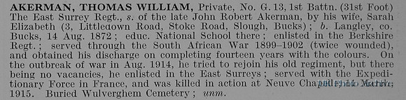 Akerman T W Pte G/13 1st East Surrey Regiment Obit
