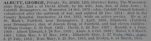 Albutt G Pte 20420 12th Worcestershire Regiment Obit