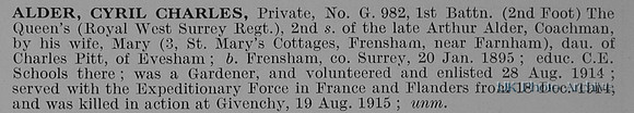 Alder C C Pte G/982 1st Queens Royal West Surrey Regiment Obit