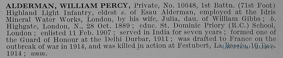 Alderman W P Pte 10648 1st Highland Light Infantry Obit