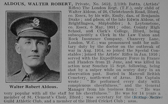 Aldous W R Pte 5652 13th London Regiment Obit