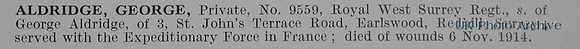 Aldrridge G Pte 9559 2nd Queens Royal West Surrey Regiment Obit