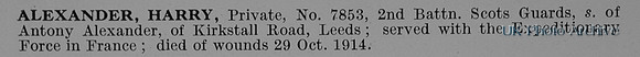 Alexander H Pte 7853 2nd Scots Guards Obit