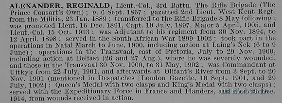 Alexander R Lt Col 3rd Rifle Brigade Obit