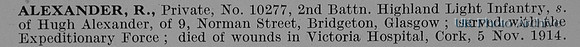 Alexander R Pte 10277 2nd Highland Light Infantry Obit