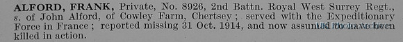 Alford F Pte 8926 2nd Queens Royal West Surrey Regiment Obit