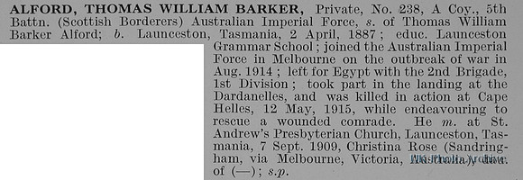 Alford T W B Pte 238 5th Australian Imperial Corps Obit