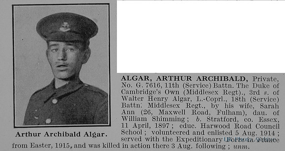 Algar A A Pte G-7616 11th Middlesex Regiment Obit