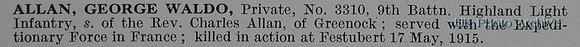 Allan G W Pte 3310 9th Highland Light Infantry Obit