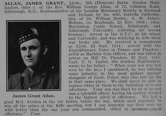 Allan J G Lt 9th Gordon Highlanders Obit