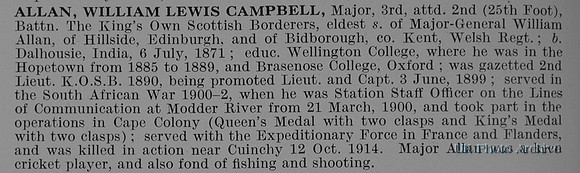 Allan W L C Major 2nd Kings Own Scottish Borderers Obit