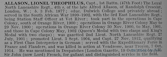 Allason L T Captain 1st Loyal North Lancs Regiment Obit