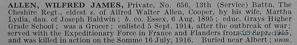 Allen W J Pte 656 13th Cheshire Regiment Obit
