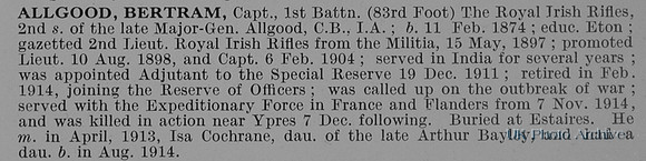 Allgood B Captain 1st Royal Irish Rifles Obit