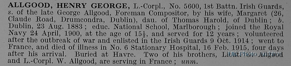 Allgood H G L/Cpl 5600 1st Irish Guards Obit