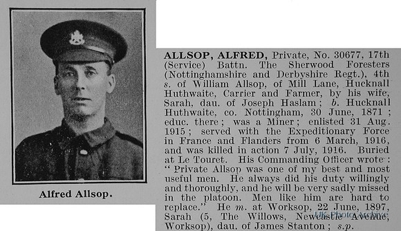 Allsop A Pte 30677 17th Notts Derby Regiment Obit