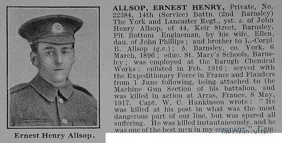 Allsop E H Pte 22384 14th York And Lancs Regiment Obit