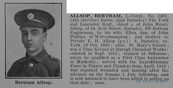 Allsop B LCpl 1461 14th York And Lancs Regiment Obit
