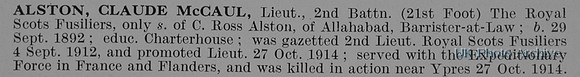 Alston C M Lt 2nd Royal Scots Fusiliers Obit