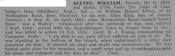 Allvey W Pte G/2228 2nd Middlesex Regiment Obit