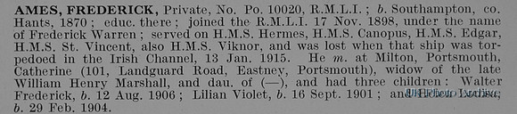 Ames F Pte 10020 Royal Marine Light Infantry Obit