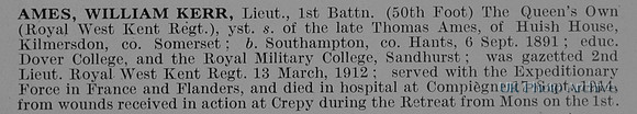 Ames W K Lt 1st Queens Own Royal West Kent Regiment Obit