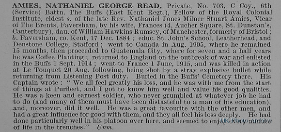 Amies N G R Pte 703 6th East Kent Regiment Obit