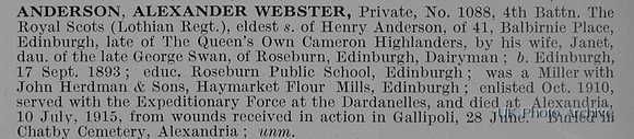 Anderson A W Pte 1088 4th Royal Scots Obit